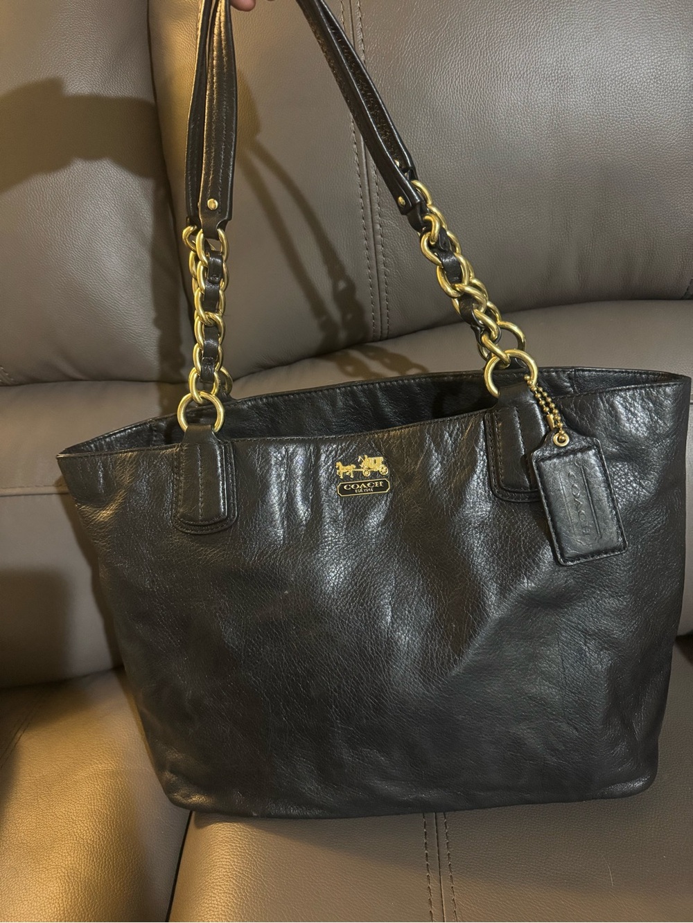 Coach Black Leather Tote with Gold Chain Handles